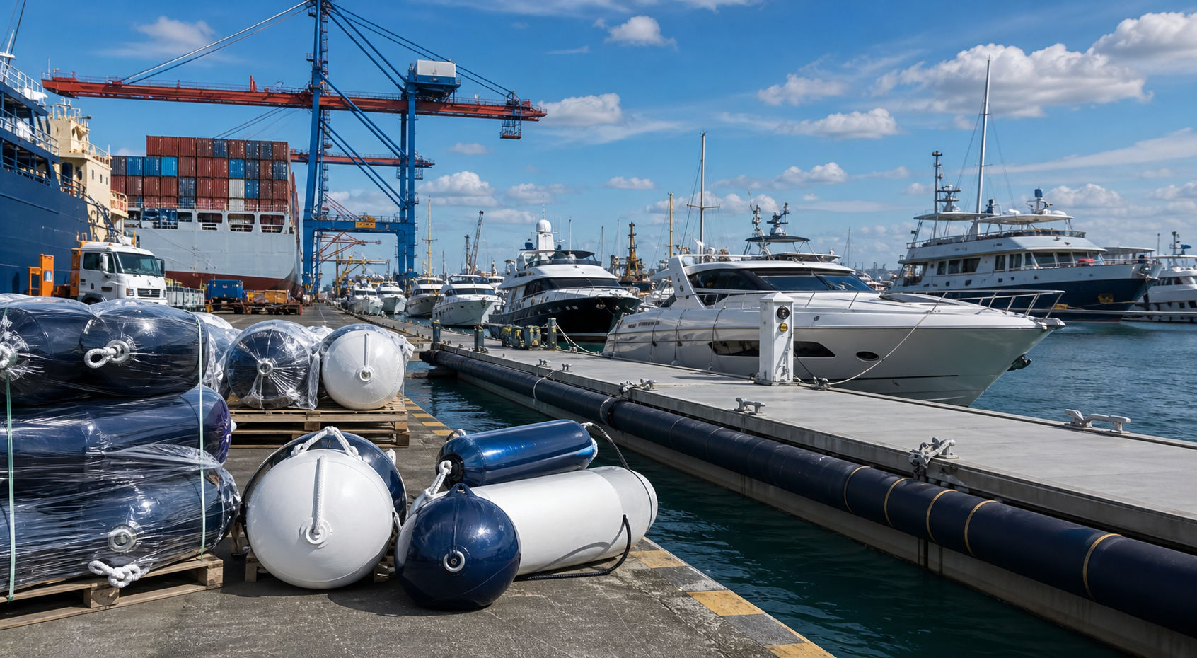 Marine fenders prepared for export at a marina and port